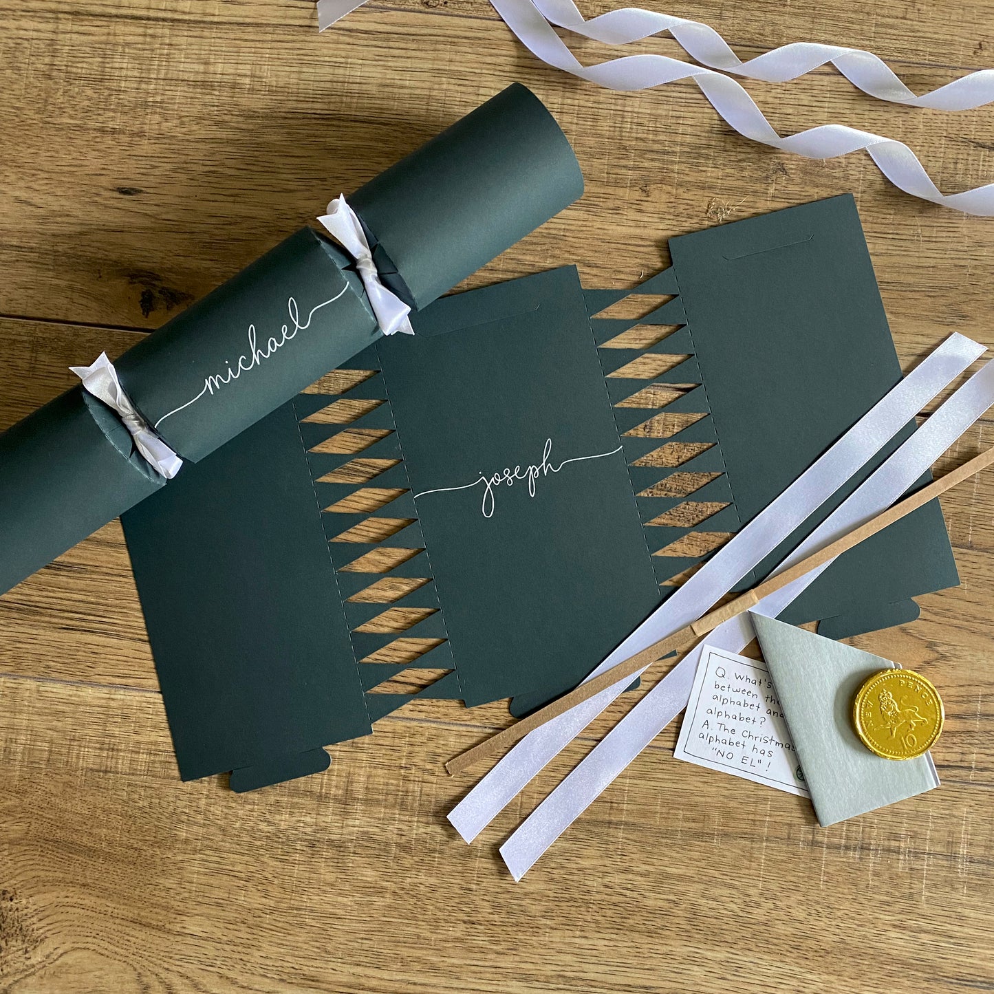 Personalised Forest Green Christmas Crackers and Place Settings, Cracker Kit.