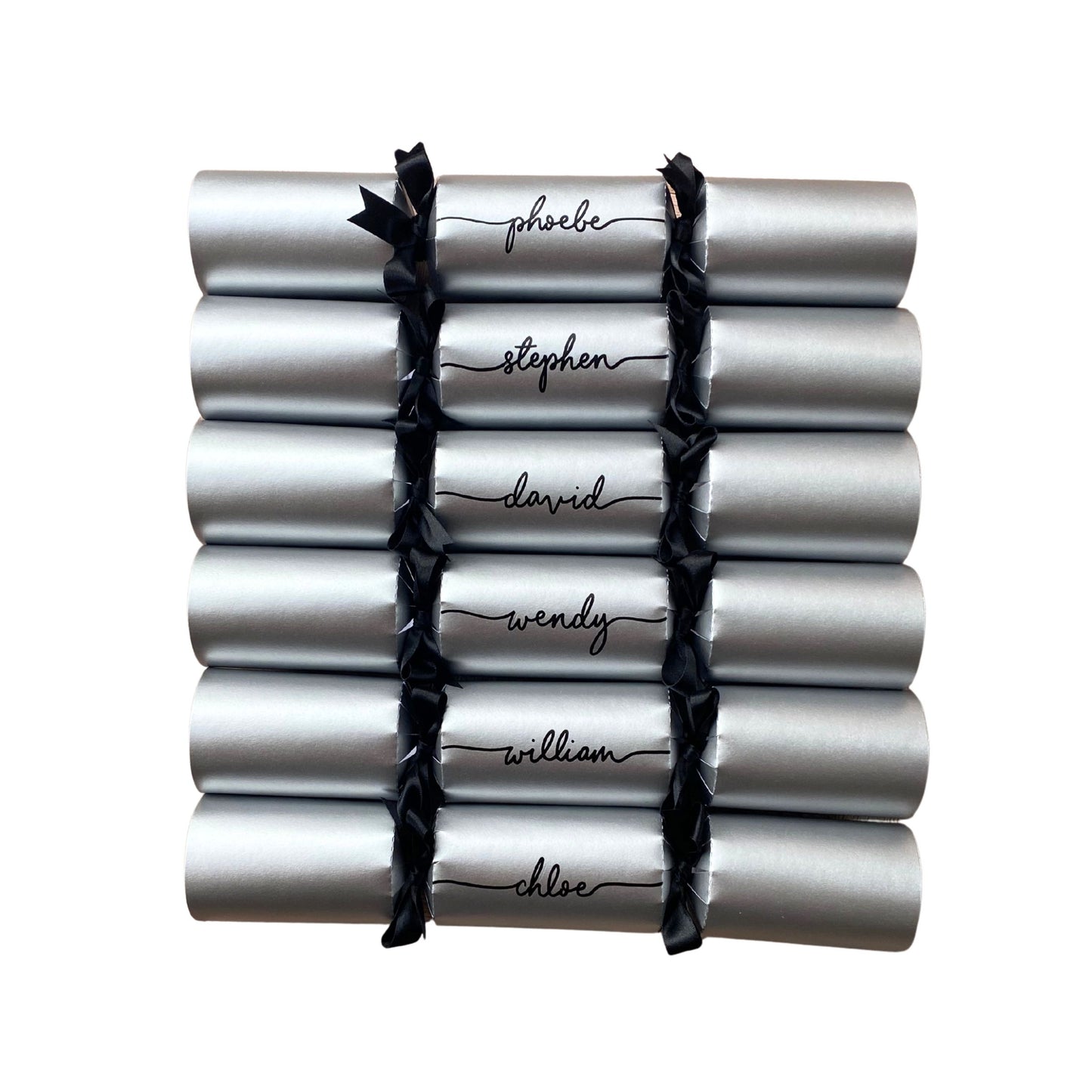 Silver Personalised Christmas Crackers – Handwritten, Ready-Made, Luxury Eco-Friendly Table Decor