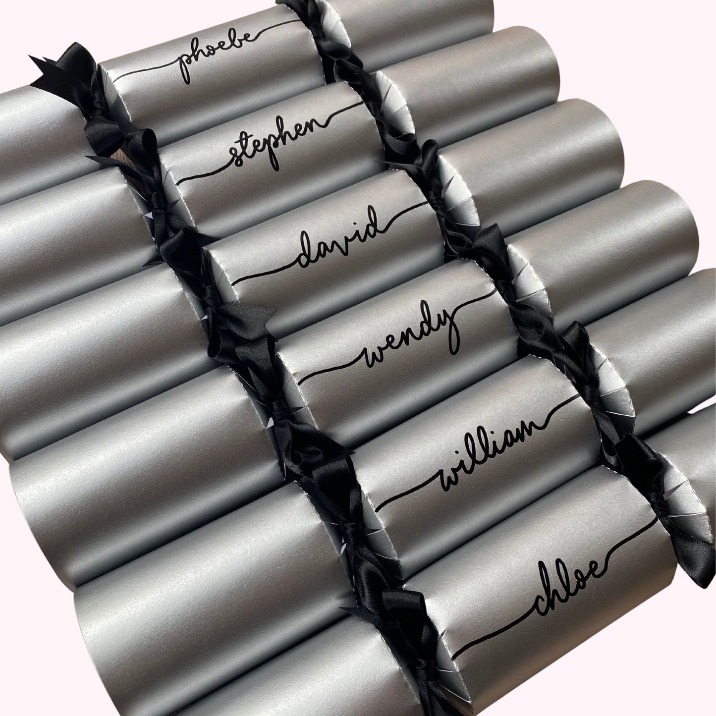 Silver Personalised Christmas Crackers – Handwritten, Ready-Made, Luxury Eco-Friendly Table Decor