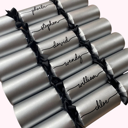 Silver Personalised Christmas Crackers – Handwritten, Ready-Made, Luxury Eco-Friendly Table Decor