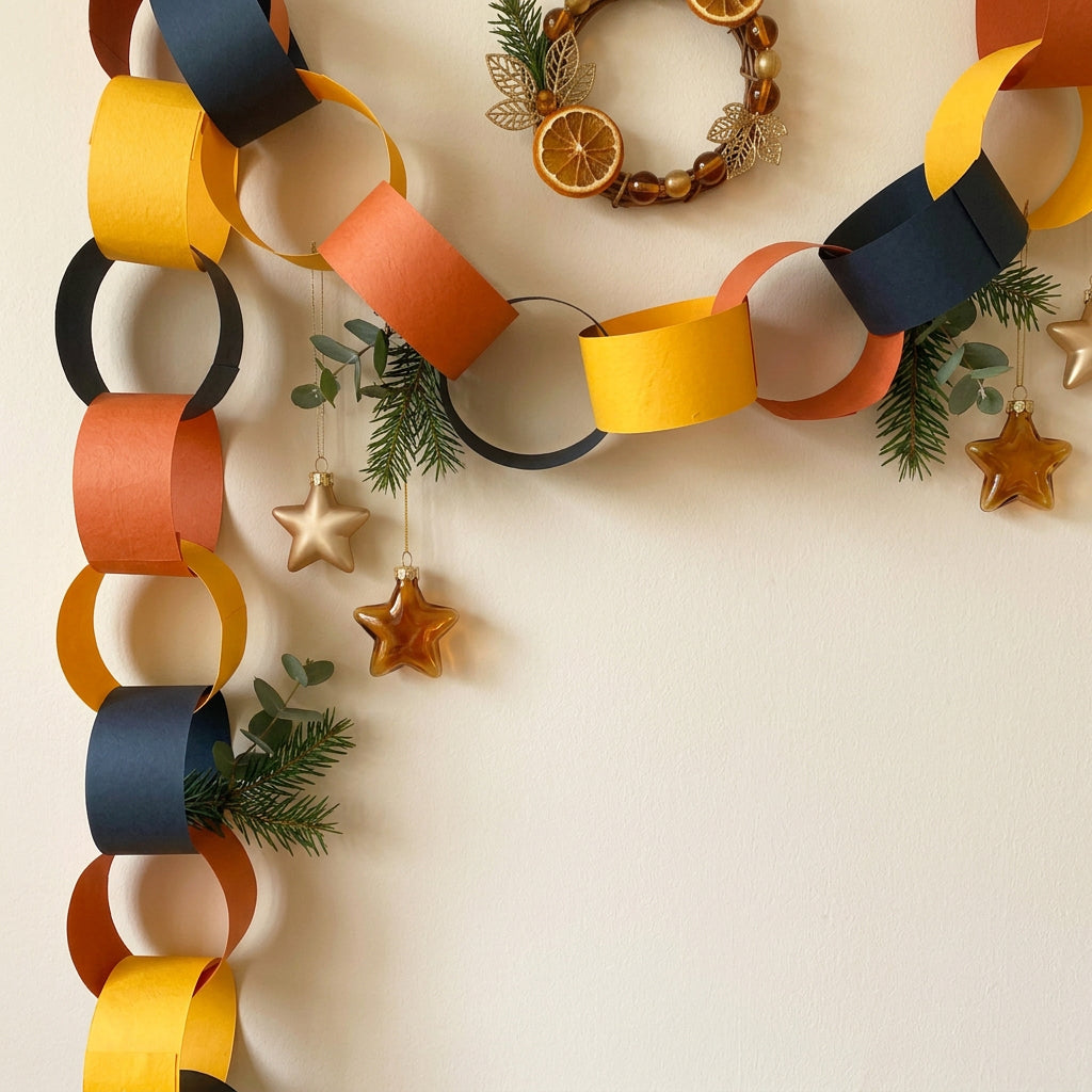 Nostalgic Christmas Paper Chain Decorations Green, Orange and Mustard