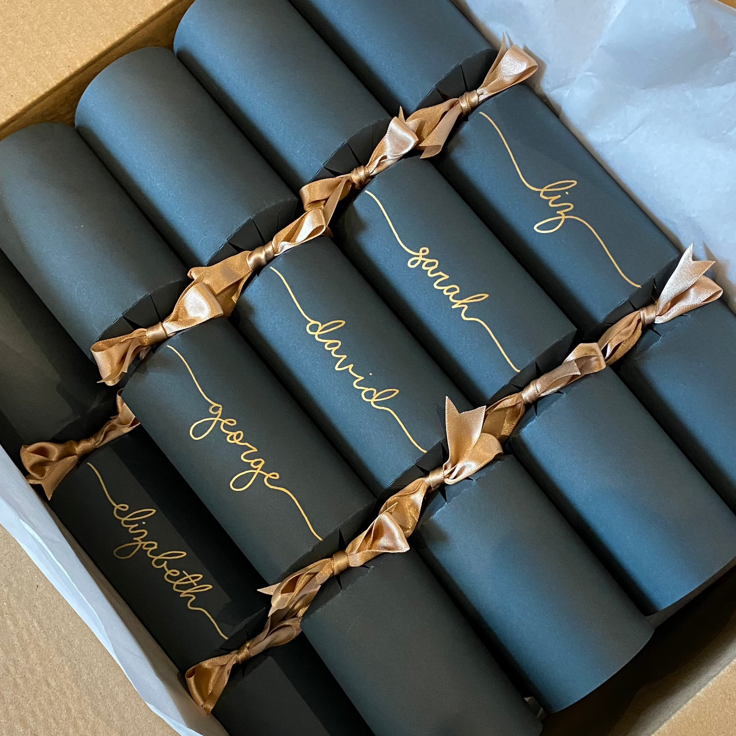 Personalised Forest Green Christmas Crackers, Ready Made