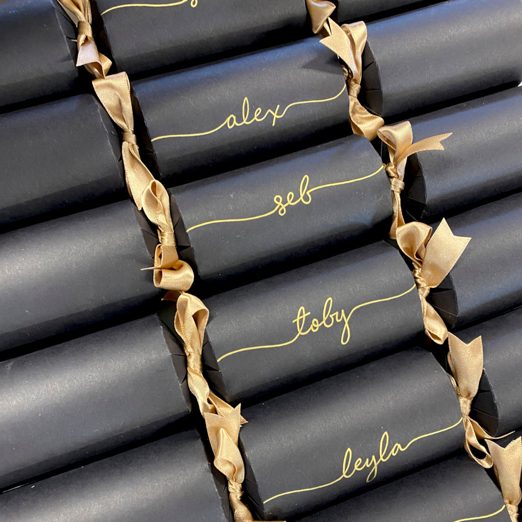 Black Personalised Christmas Crackers – Handwritten, Ready-Made, Luxury Eco-Friendly Table Decor