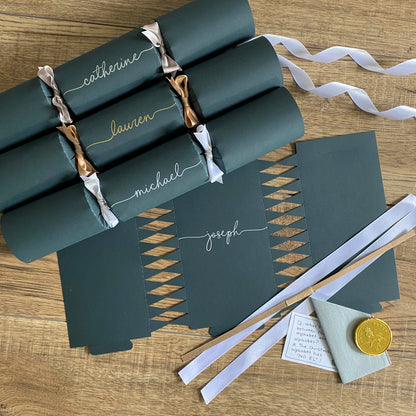 Personalised Forest Green Christmas Crackers and Place Settings, Cracker Kit.