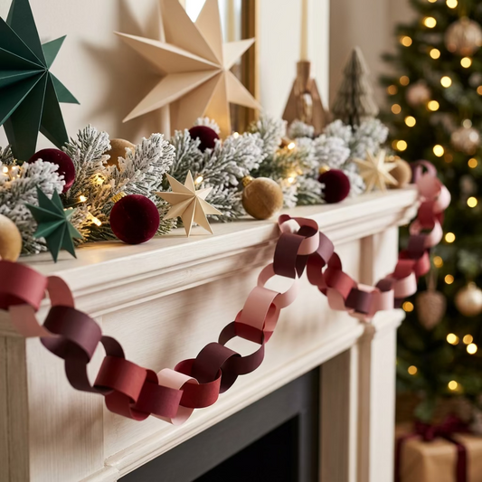 A paper chain garland with alternating paper links in shades of burgundy, dark plum, and pale pink, laid out on a light blue surface with decorative paper stars and greenery.