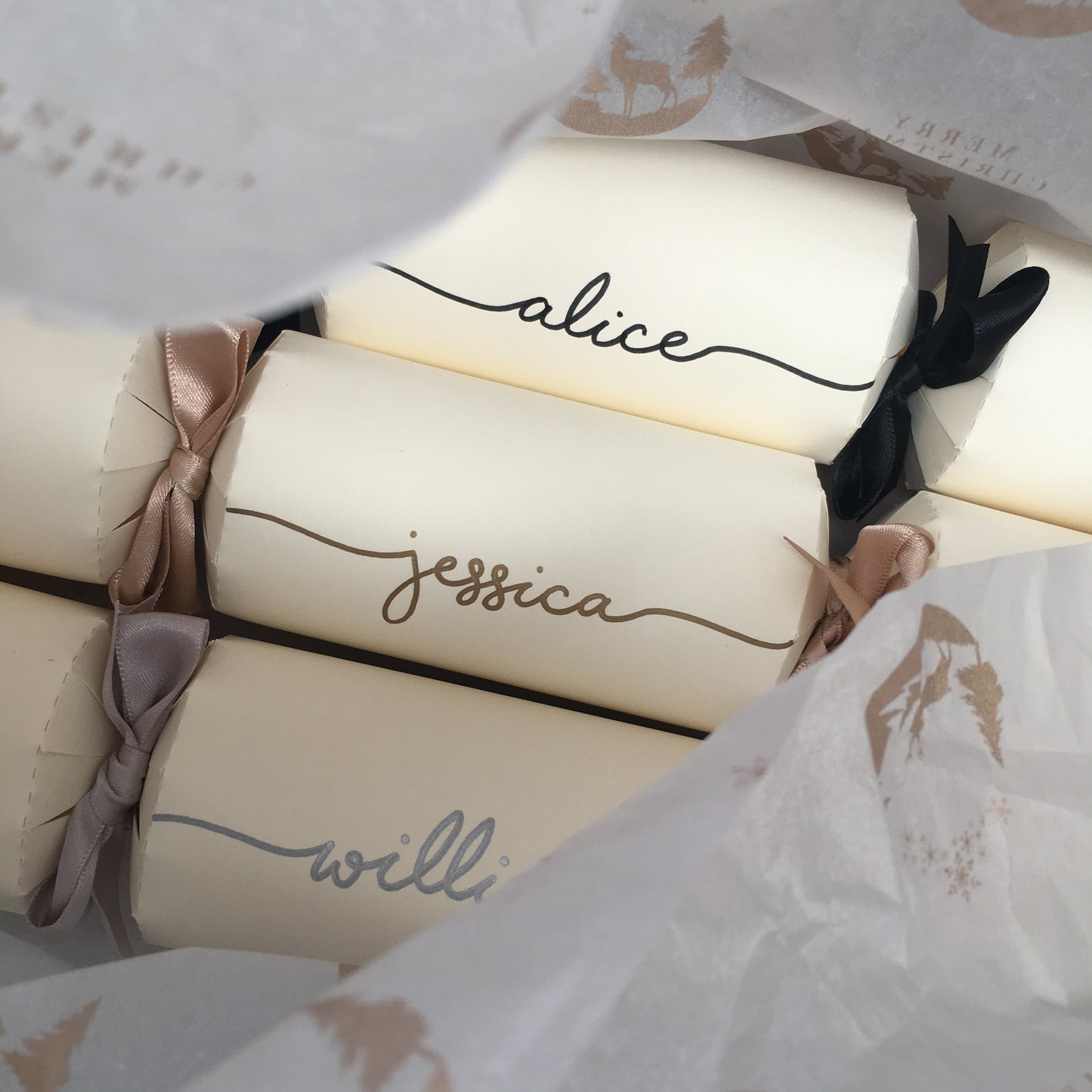 Personalised Handwritten Ready Made Ivory Christmas Crackers